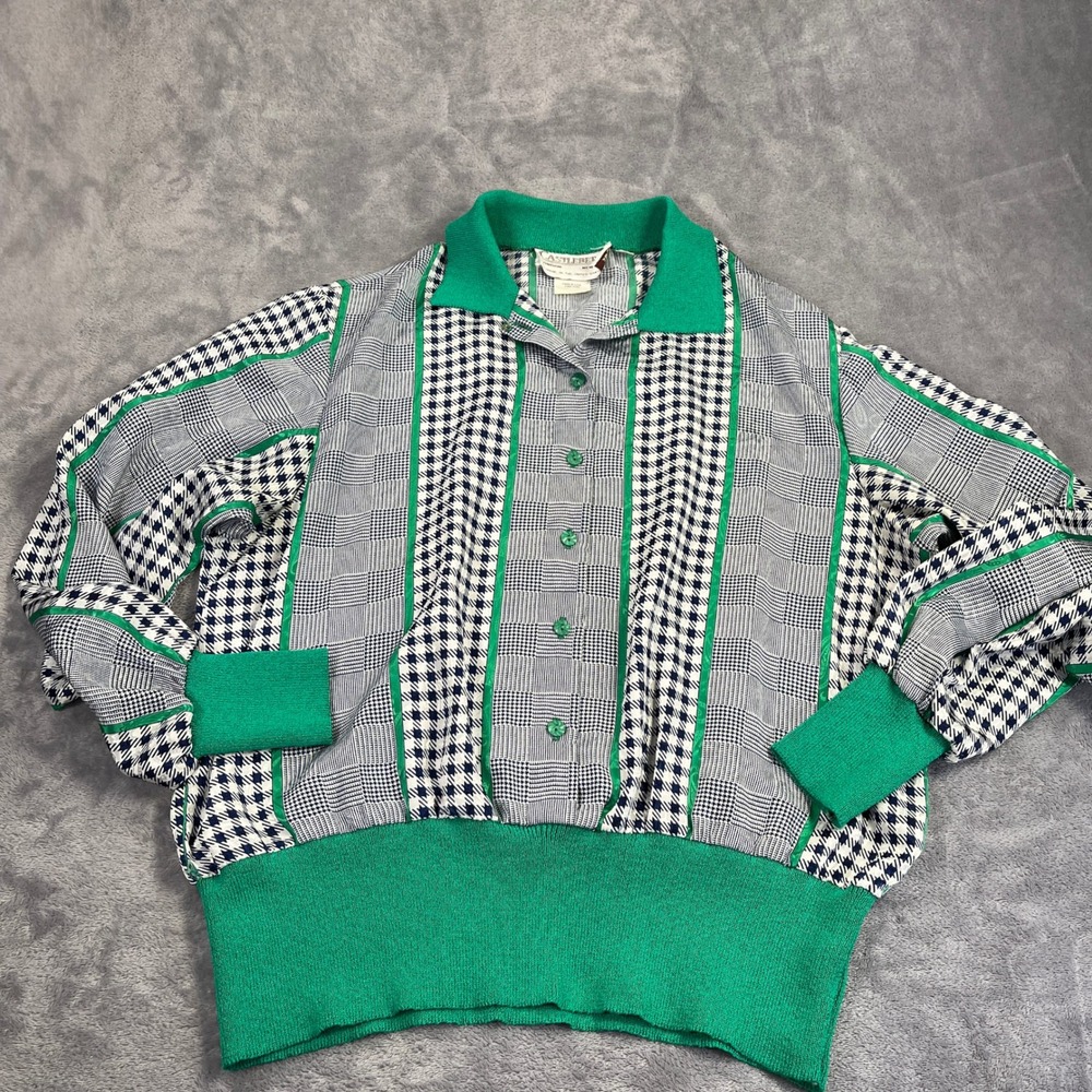 Vintage 80s Statement Blouse Women 16 Green Houndstooth Plaid Grandpa Core USA